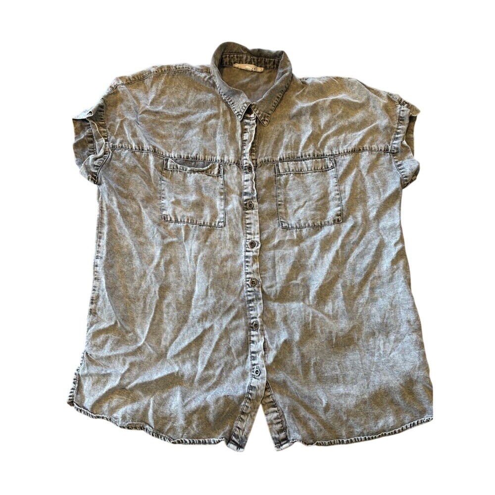 Jane+ Delancey Womens Acid Wash Grey Denim Print Short Sleeve Button Down